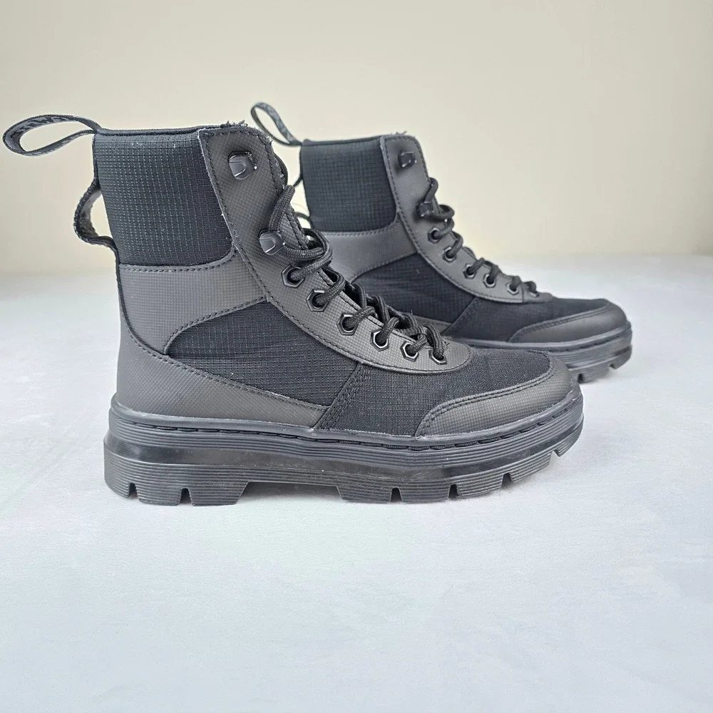 Dr Martens Combs‎ Tech Black Leather Nylon Combat Boots Mens 5 Womens 6